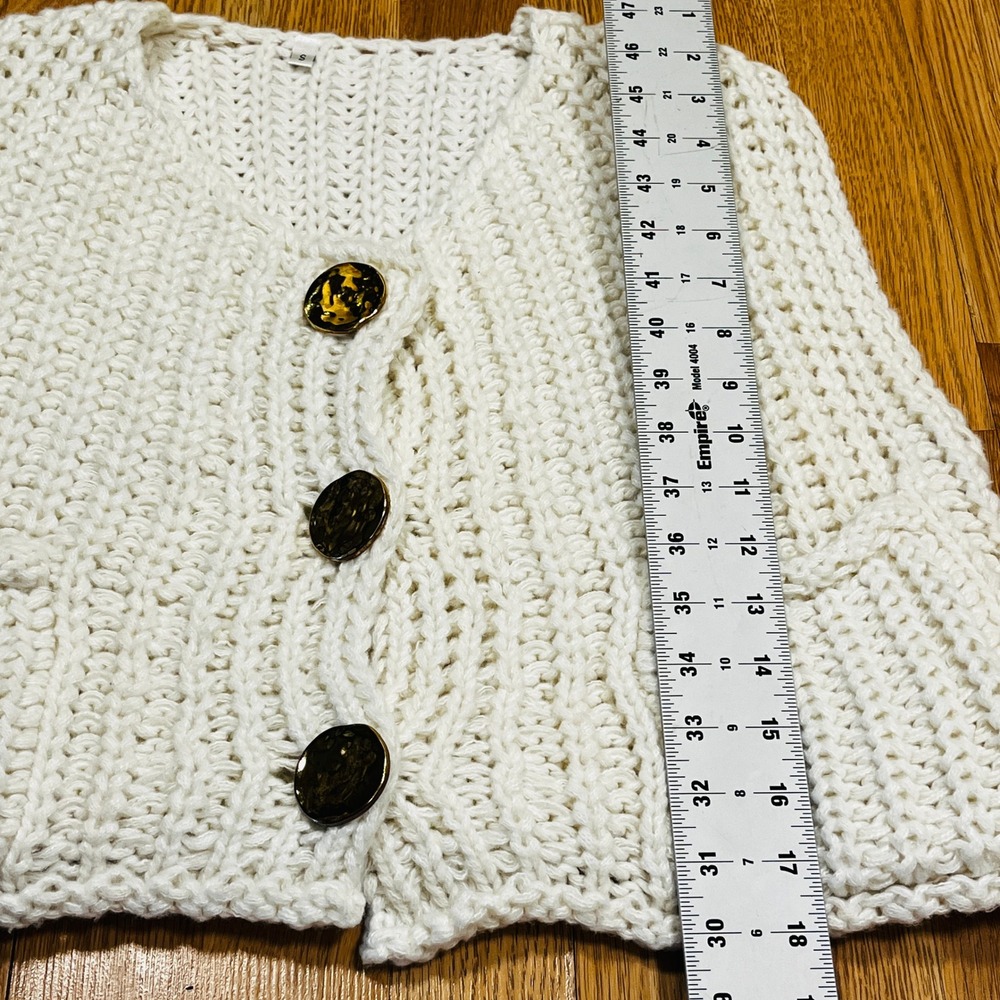Sleeveless Cropped Chunky Knit Sweater S Gold Button Front Shabby Chic Bohemian - Picture 8 of 9